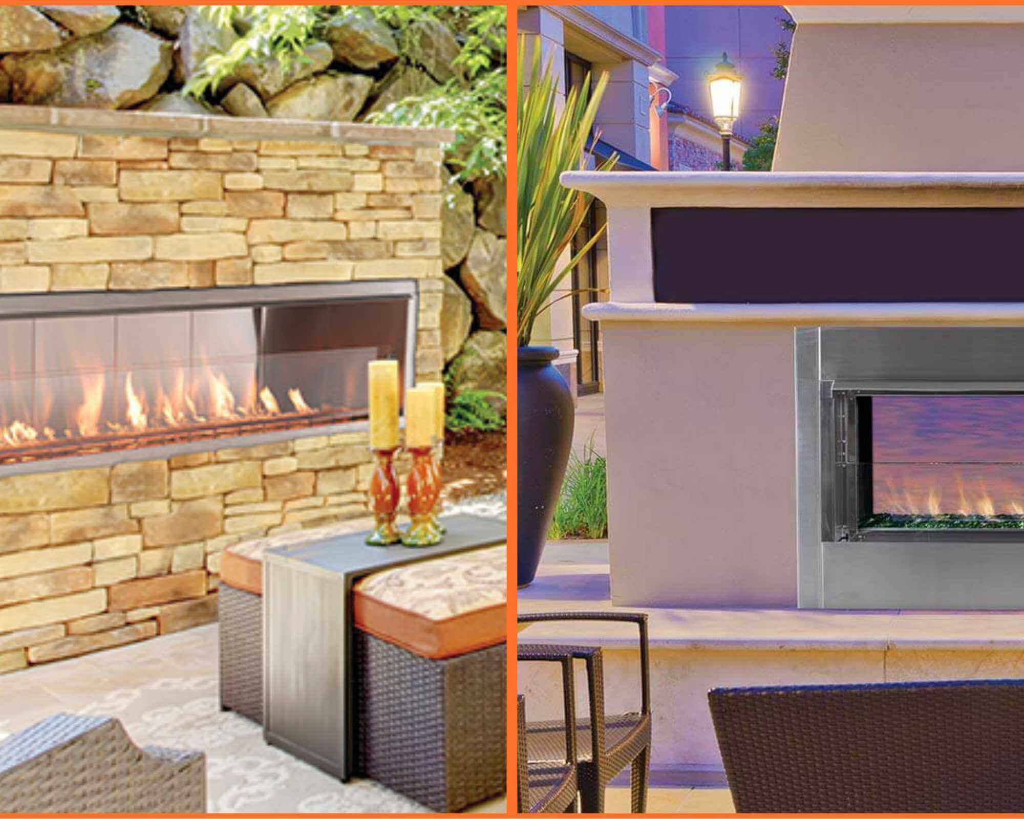 Outdoor fireplace with a gas fire and a stone wall