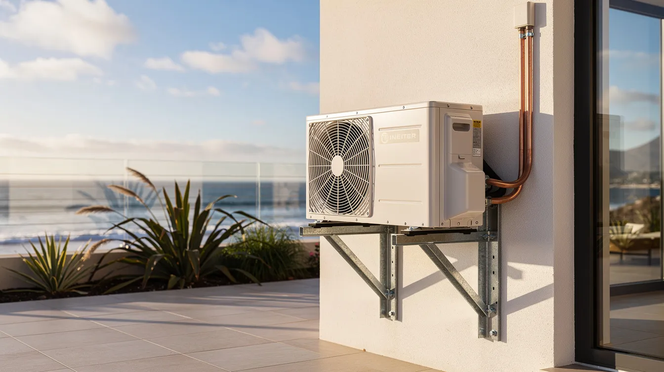 The image shows an inverter air conditioner outdoor unit securely installed with anti-corrosion brackets on the exterior wall of a coastal home in Cape Town. This professional installation ensures efficient air conditioning performance, suitable for the coastal environment.