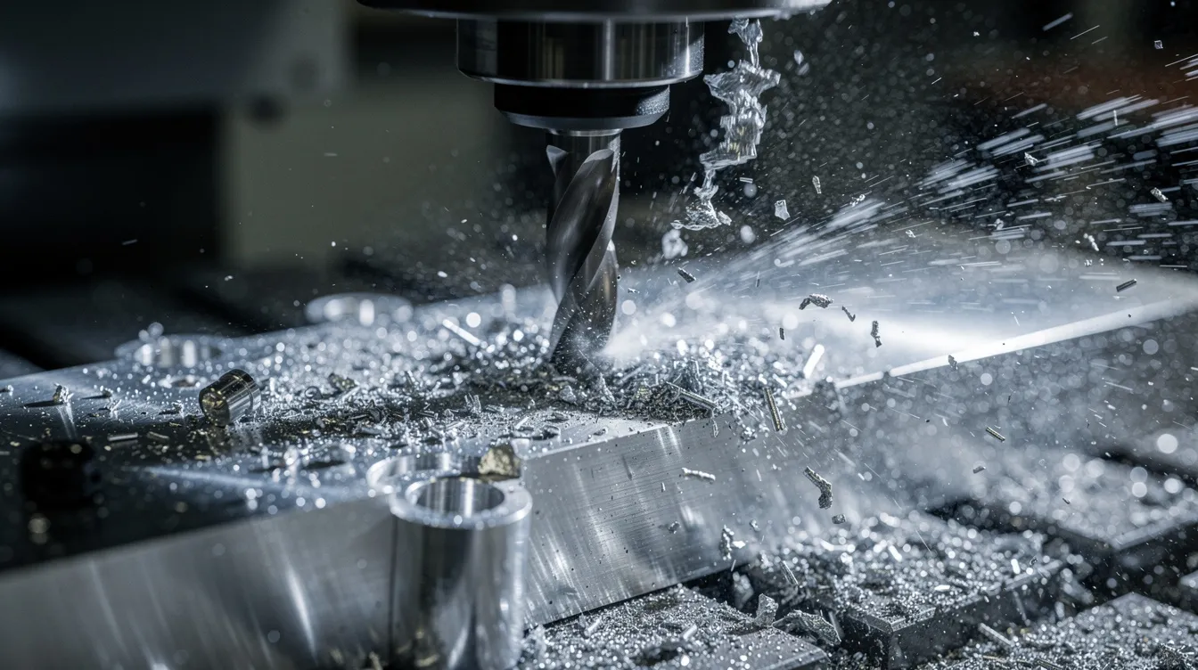 A close-up view of a CNC milling machine actively cutting an aluminum workpiece, with coolant spraying and metal chips flying around, showcasing the precision and efficiency of modern CNC technology in the manufacturing industry. The image highlights the intricate machining processes and the advanced capabilities of computer-controlled machines.