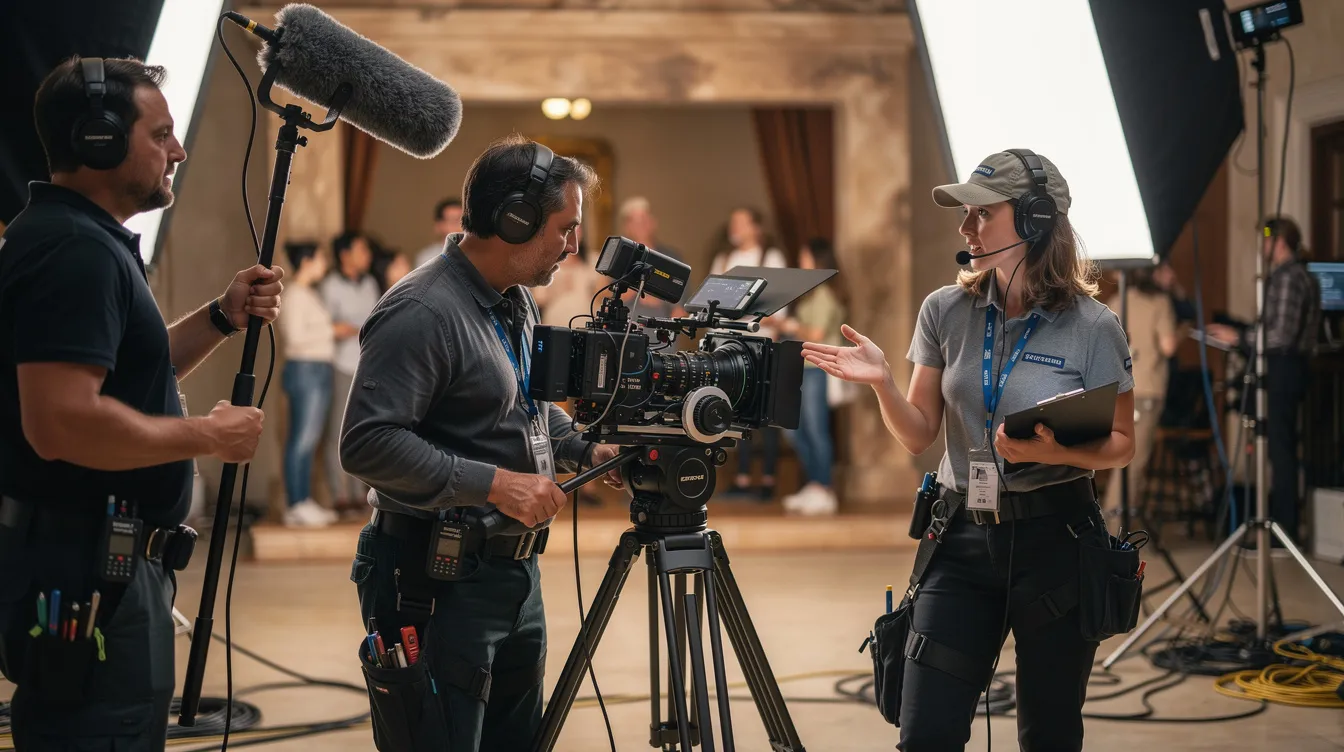Das Bild zeigt verschiedene Filmberufe bei der Arbeit hinter der Kamera, darunter einen Kameraoperator, einen Tonassistenten und eine Regieassistentin. Diese Menschen sind Teil einer Filmproduktion und arbeiten zusammen, um die verschiedenen Perspektiven und Ziele des Projekts zu verwirklichen.