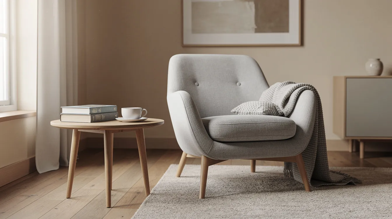 I ett elegant vardagsrum syns en bekväm relaxfåtölj i grått tyg, placerad bredvid ett sidobord som har böcker och en kopp på sig. Fåtöljen erbjuder avkoppling och komfort, vilket gör den perfekt för att njuta av en stunds läsning.