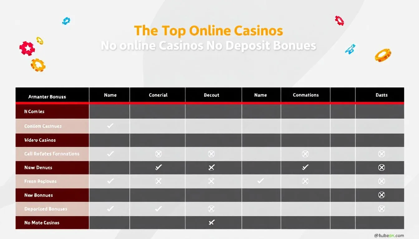 A comparison table of top online casinos offering no deposit bonuses.