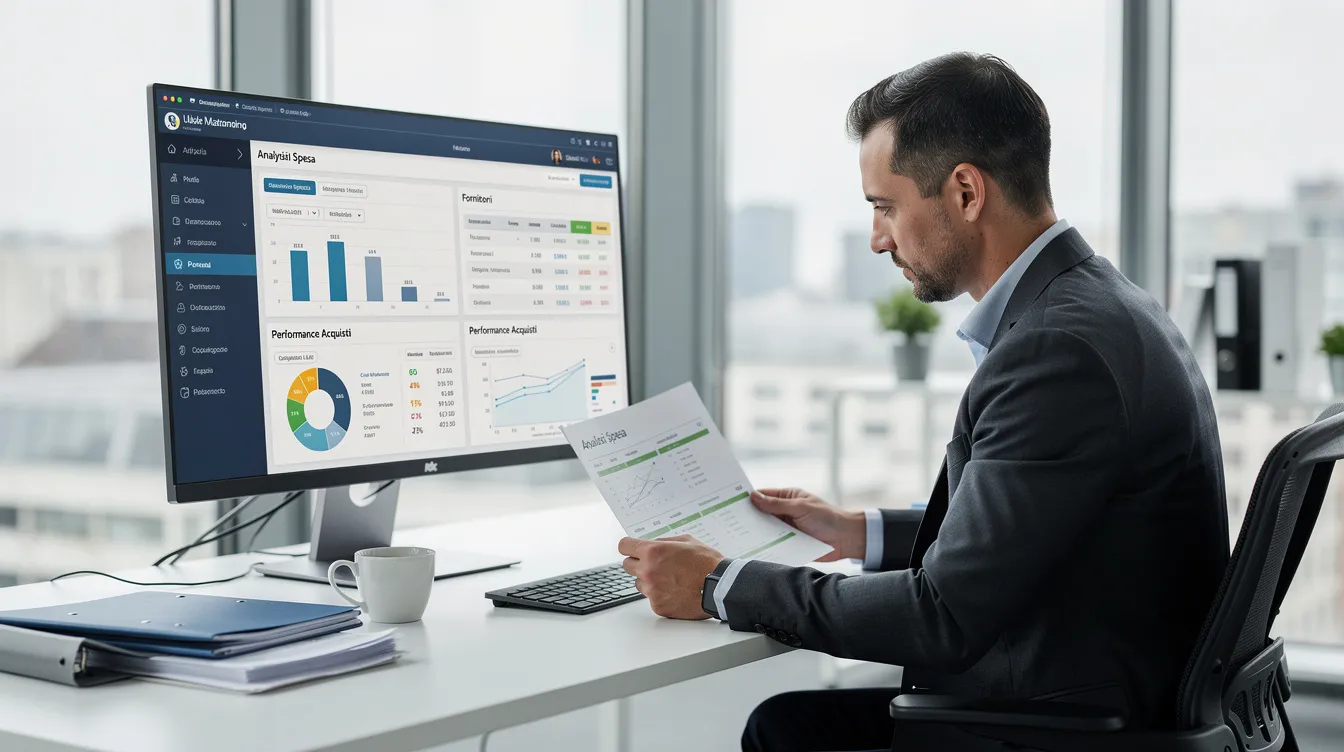 Un professionista del procurement sta analizzando documenti e dashboard su un monitor in un ufficio moderno, utilizzando strumenti di intelligenza artificiale per valutare le prestazioni dei fornitori e gestire i rischi nella supply chain. L'analisi dei documenti e il processo decisionale sono supportati da un sistema di gestione della qualità e da pratiche di compliance.