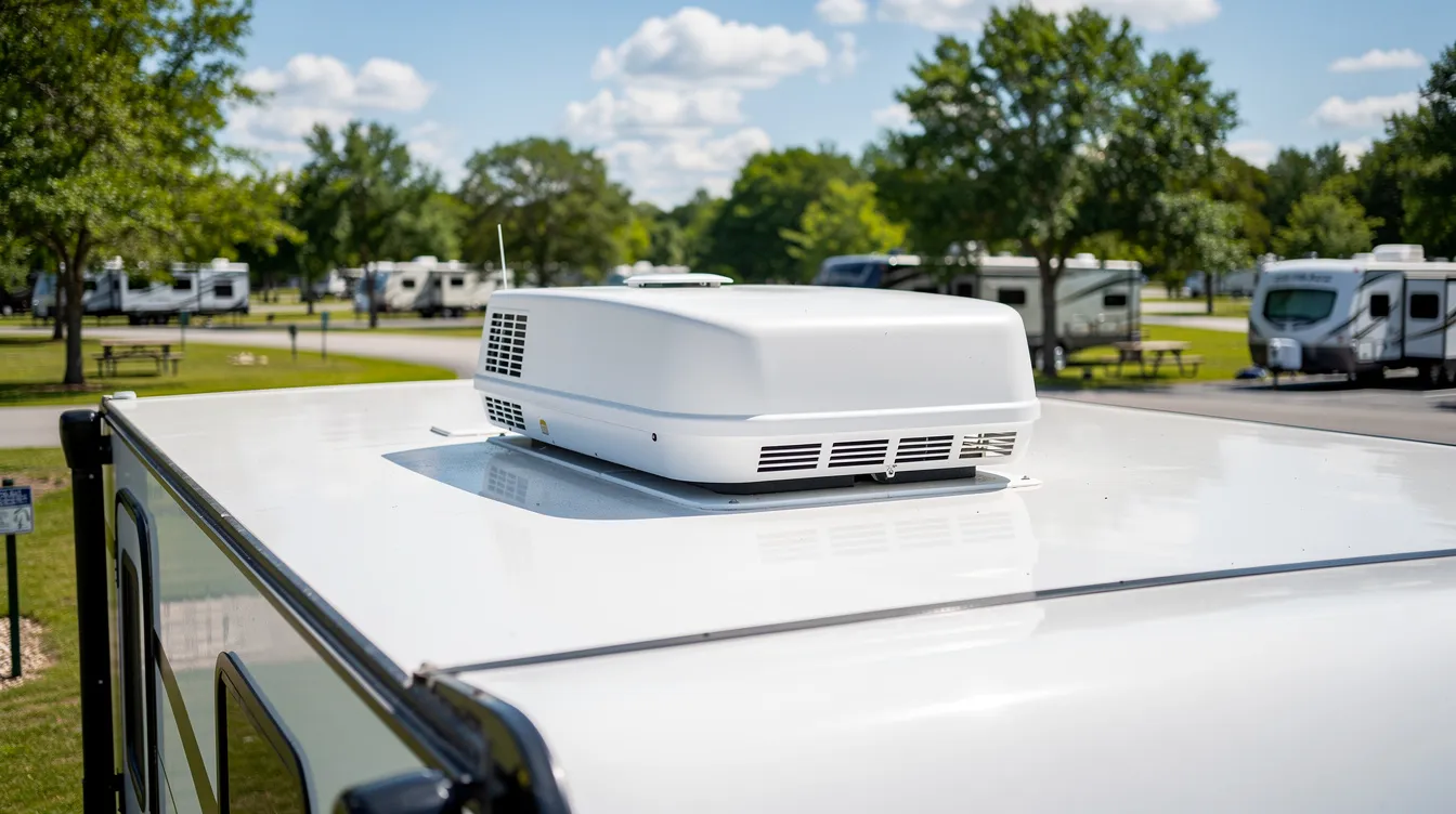 The image shows a white rooftop air conditioning unit mounted on the roof of a travel trailer, parked at a sunny campground. This RV air conditioner is designed for efficient cooling, providing cool air to keep the interior comfortable during warm weather.