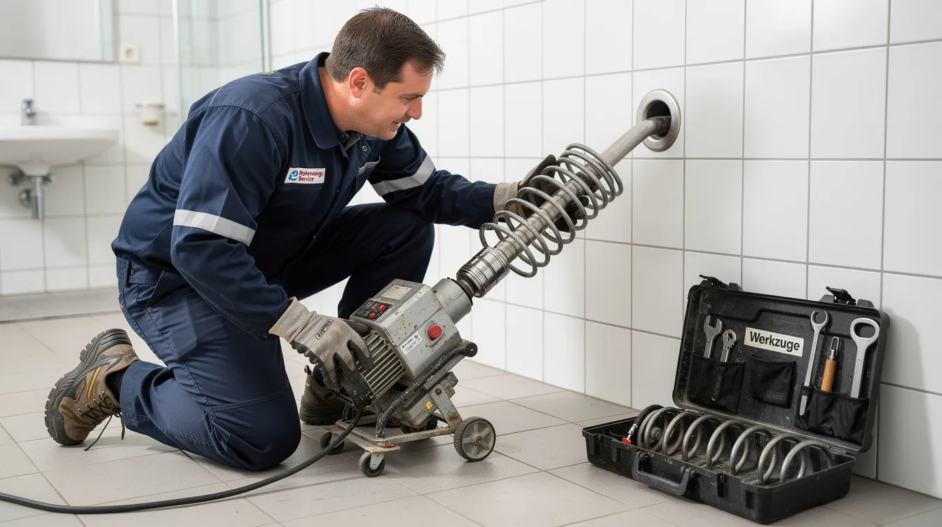 Ein professioneller Rohrreiniger arbeitet mit einer motorischen Spirale an einem verstopften Abflussrohr, um Ablagerungen von Fett und Haaren zu beseitigen. Die Szene zeigt den Handwerker konzentriert bei der Abflussreinigung, während Wasser und Schmutz aus dem Rohr gedrückt werden.