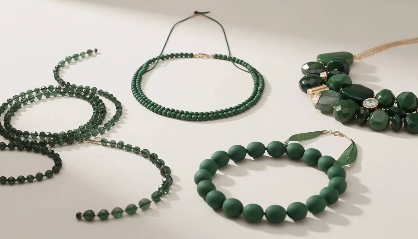 The image showcases a variety of elegant green bead necklaces, each differing in length, bead size, and design, perfect for any occasion. The collection highlights the beauty and uniqueness of these accessories, inviting viewers to explore styles that suit their taste.