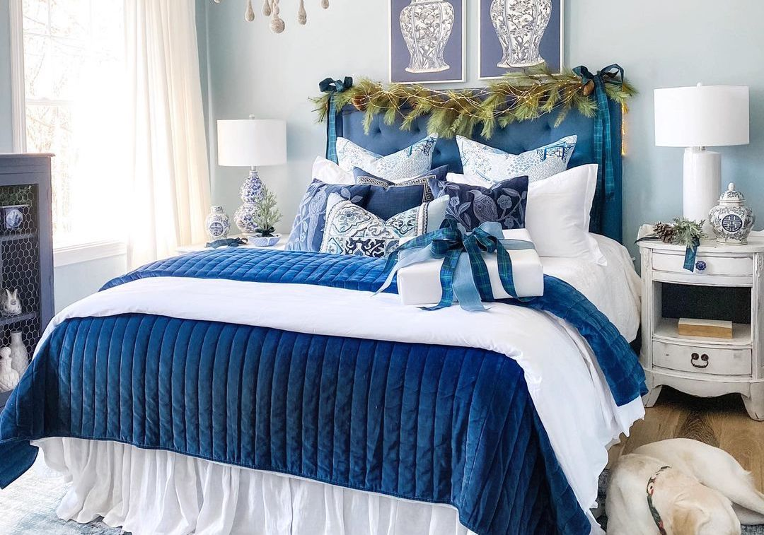 Cozy, elegant, classy blue, royal fantasy bedroom, winter day