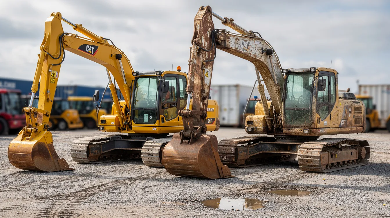 The image shows a side-by-side comparison of a newer, clean excavator and an older, weathered excavator in an equipment storage yard, highlighting the differences in equipment quality and maintenance. This visual representation is relevant for those exploring the used construction equipment market, particularly in understanding the value and condition of heavy machinery available for purchase.