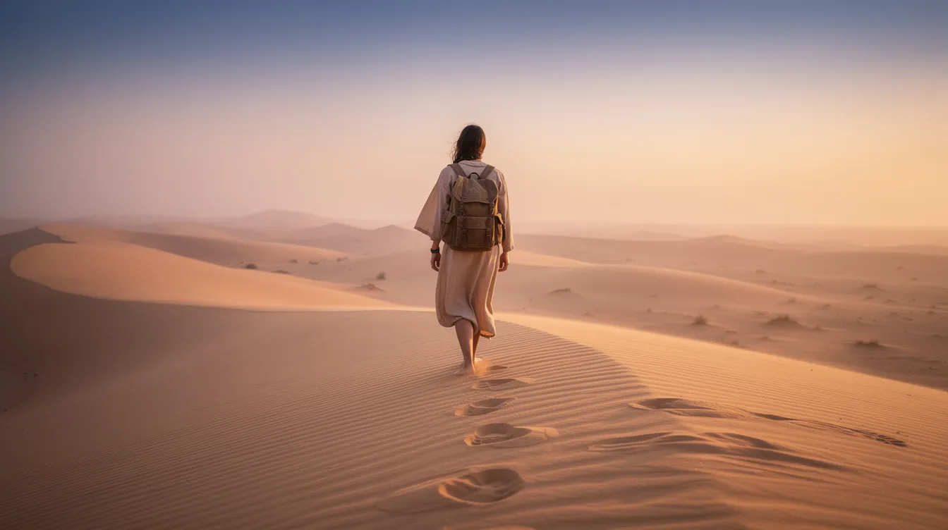 A traveler with a small backpack walks barefoot on the golden sands of the Erg Chebbi dunes at sunrise, capturing the breathtaking beauty of the Merzouga Sahara Desert. The scene evokes a sense of adventure and tranquility, perfect for those on a desert tour from Fes to Merzouga.