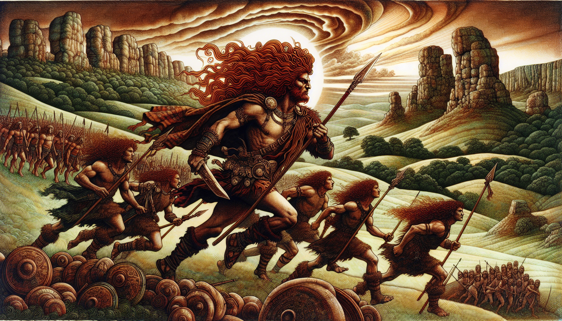 Illustration of Finn McCool leading the Fianna warriors