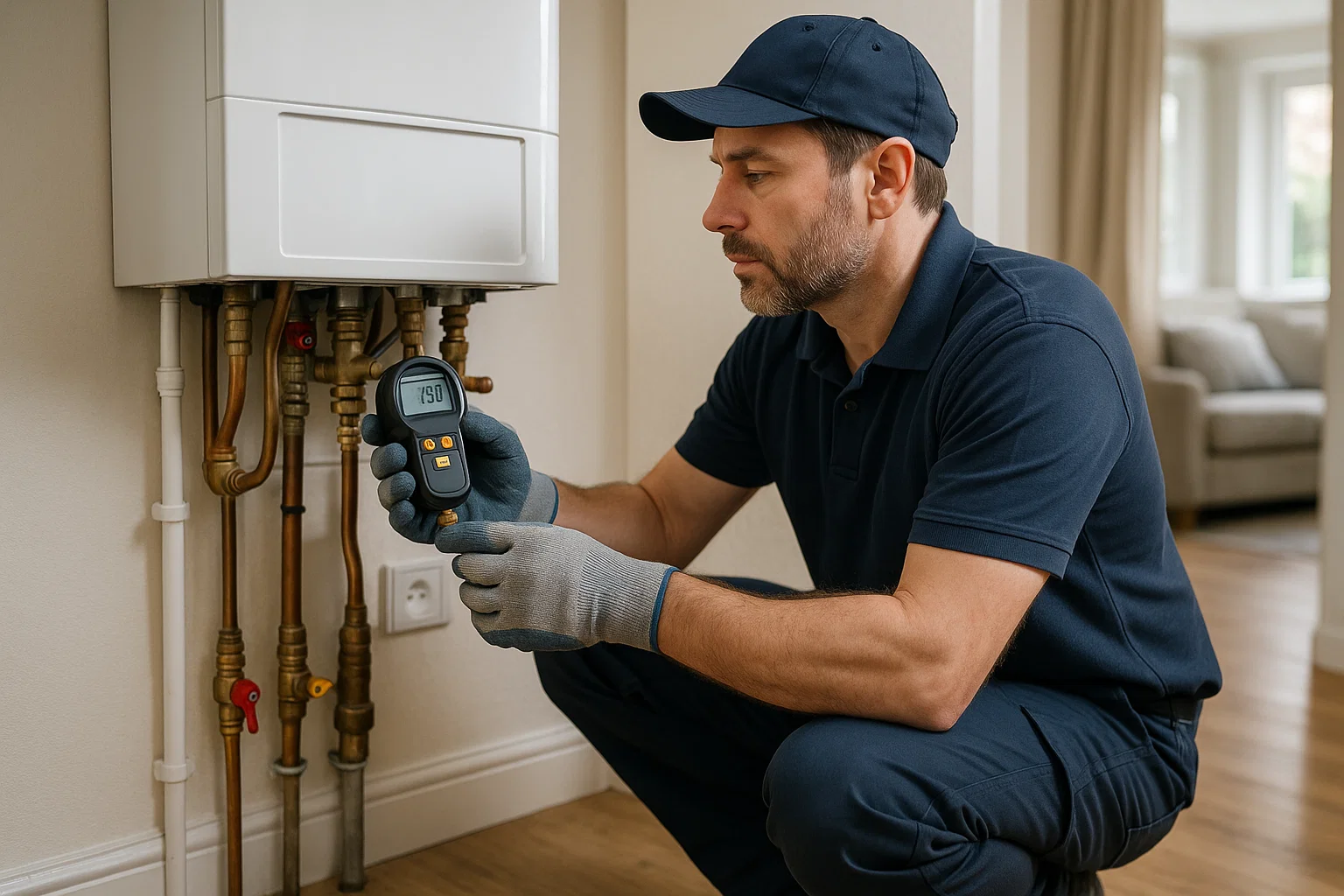 Gas Safe registered engineer carrying out professional boiler repair safely inside a UK home.