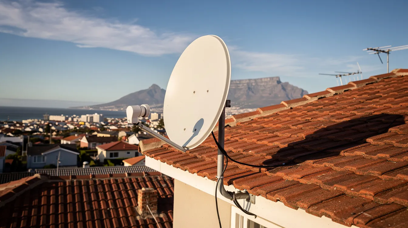 A satellite dish is prominently mounted on a residential rooftop, overlooking the scenic coastal landscape of Cape Town. This installation is crucial for ensuring a strong DSTV signal, providing uninterrupted entertainment and a reliable viewing experience.