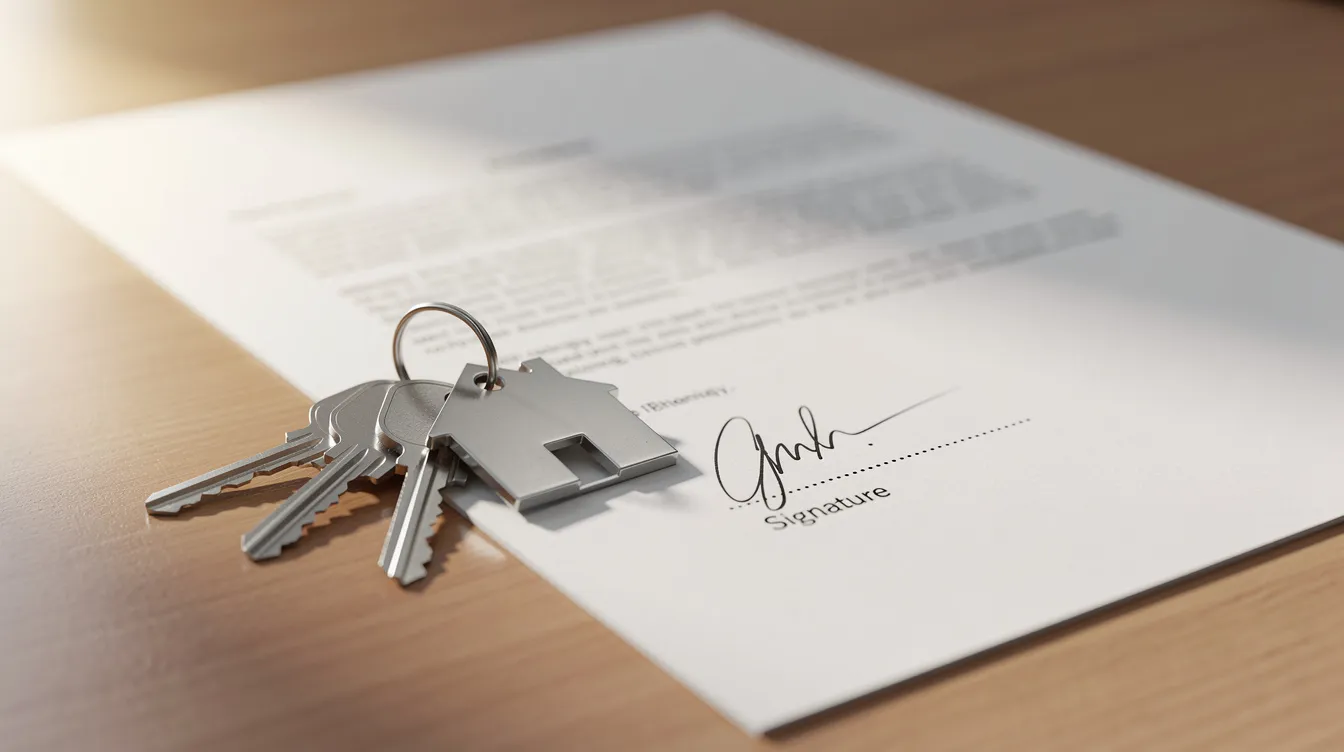 The image shows a set of house keys resting on a wooden desk beside a signed document, suggesting a recent transaction related to a property, possibly involving cash out refinance for an investment property. The scene evokes the idea of real estate investment and the process of securing a new loan.