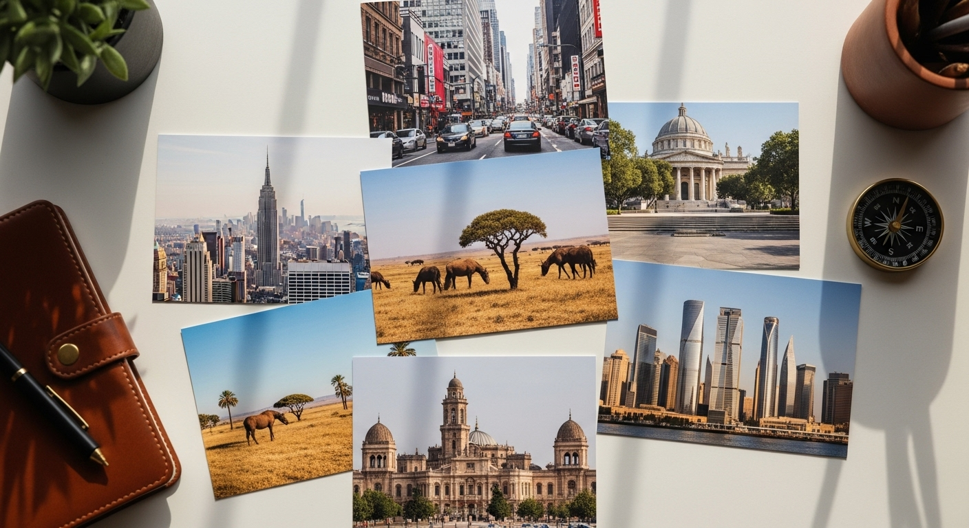 Flat-lay of global destination postcards arranged on a desk with a leather journal, compass, and soft natural lighting.