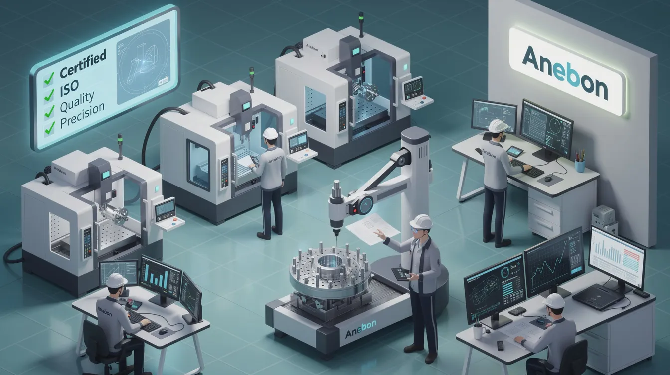 The image illustrates a modern CNC machining facility, showcasing advanced CNC lathes and vertical machining centers, highlighting the precision manufacturing process. It emphasizes the importance of achieving tight tolerances and consistent quality in producing intricate components, reflecting the capabilities of the best CNC machining companies.