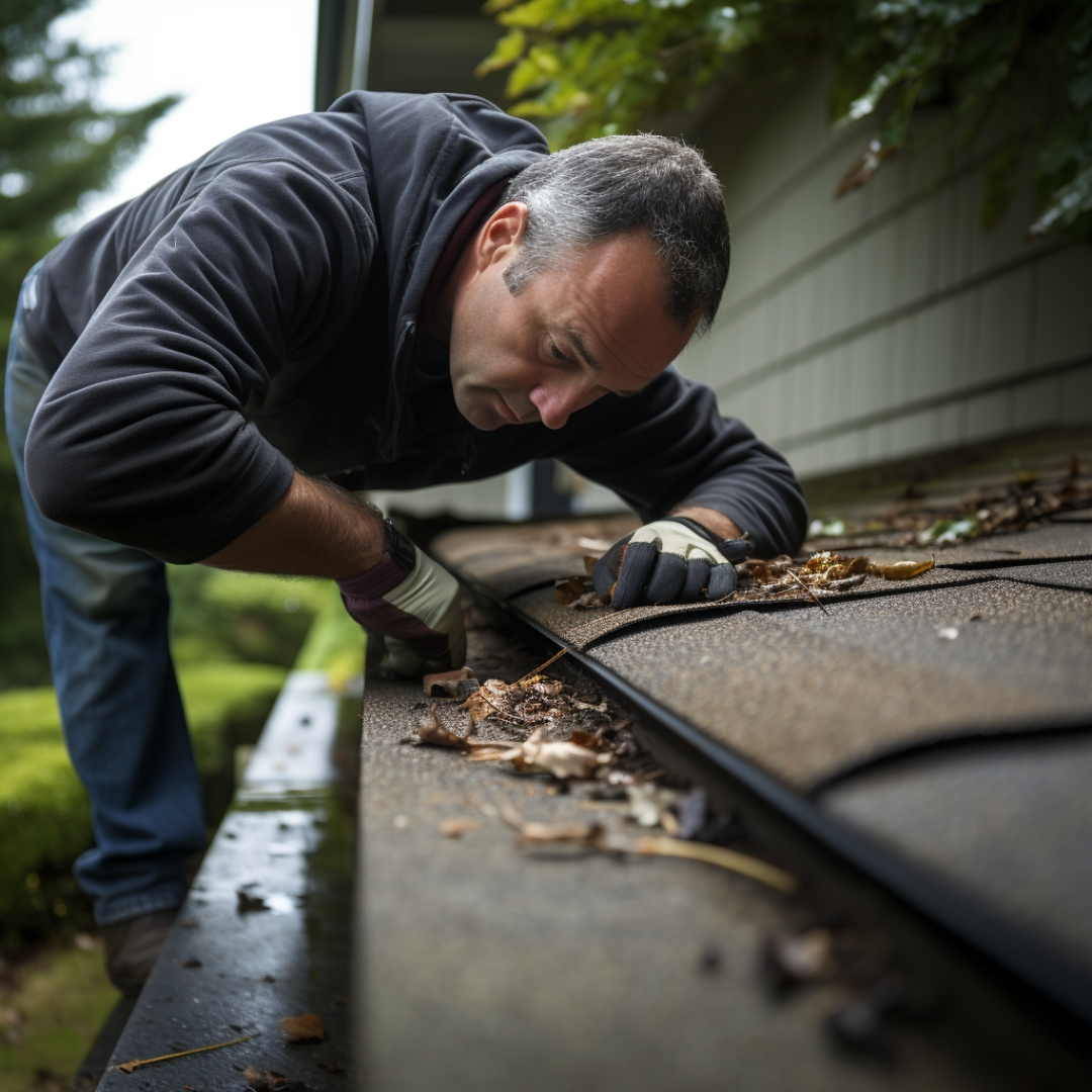 A picture of a professional inspecting existing gutters for signs of damage