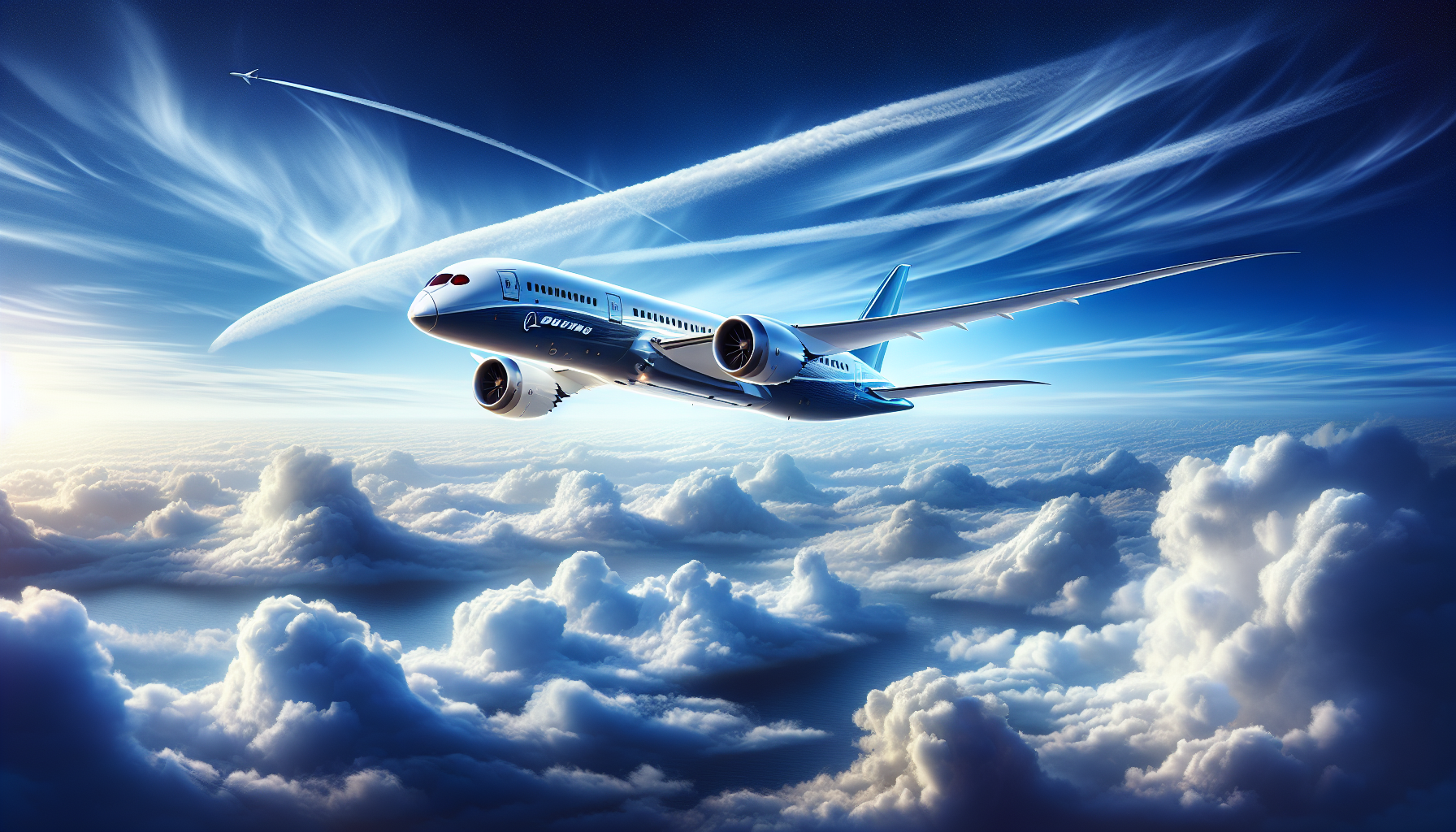 An illustration of the Boeing 787 Dreamliner soaring through the sky.