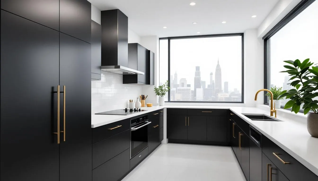 The image depicts a modern kitchen featuring sleek Tricorn Black kitchen cabinets paired with pure white countertops and elegant brass hardware, creating a sophisticated contrast. Natural light floods the space, enhancing the rich tones and making it an inviting area for cooking and entertaining.