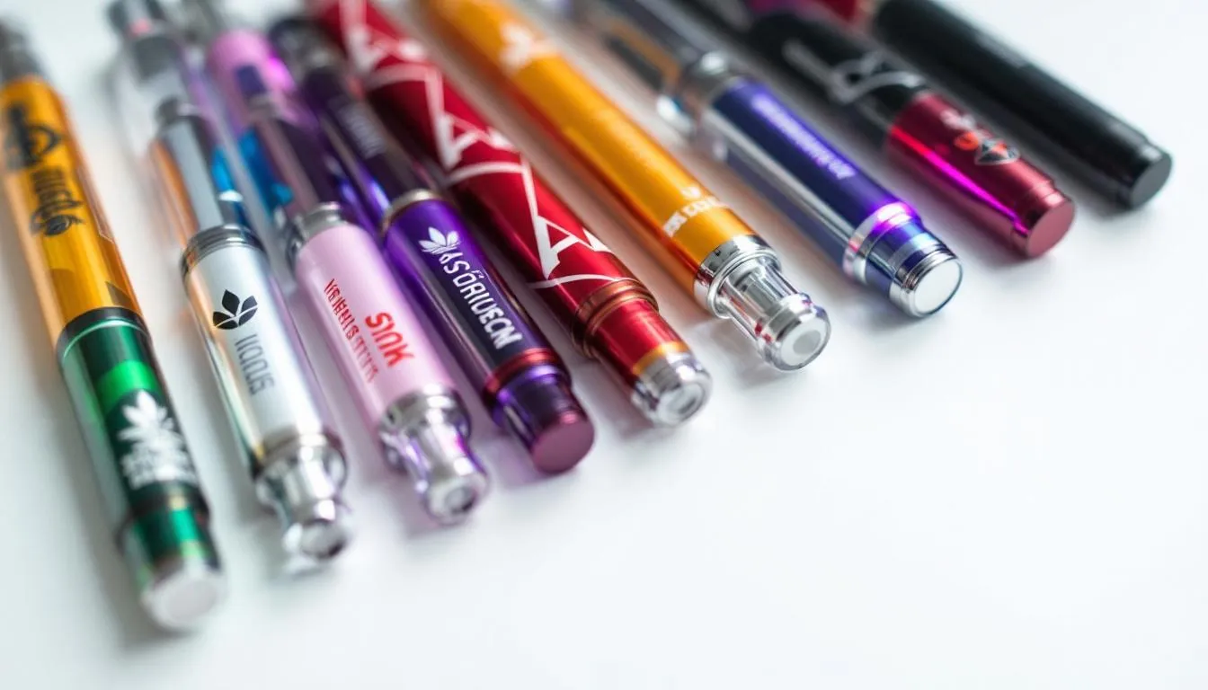 The image features a variety of custom vape pens displayed in an array of vibrant colors and unique branding designs, showcasing high-quality vape products that appeal to customers. Each pen is designed to enhance the vaping experience, emphasizing the diversity and customization available in the vape industry.