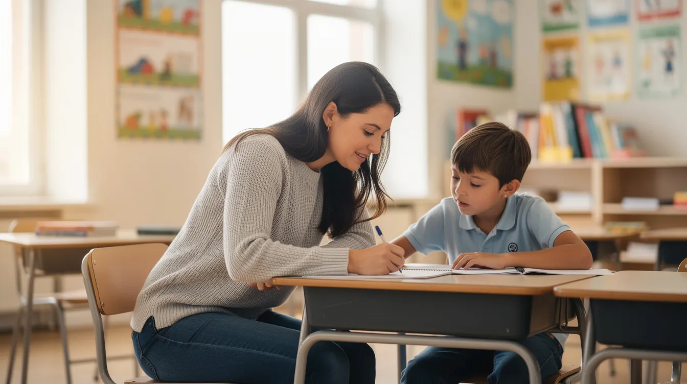 A teacher sits beside a student at a school desk, providing effective instructions to help the child focus and understand the task at hand. The teacher uses a calm voice and maintains eye contact, guiding the student through multi-step directions to enhance their learning experience.