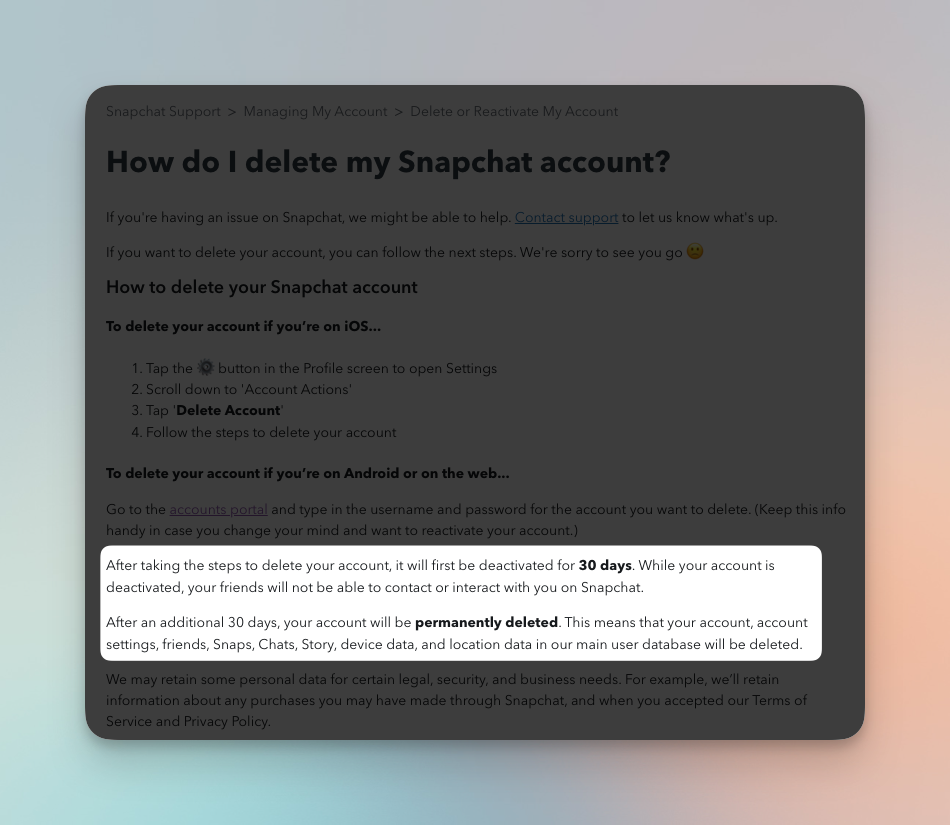 Remote.tools highlighting a warning from snapchat help document that existing account will remain in archives after which Snapchat will permanently delete your account.