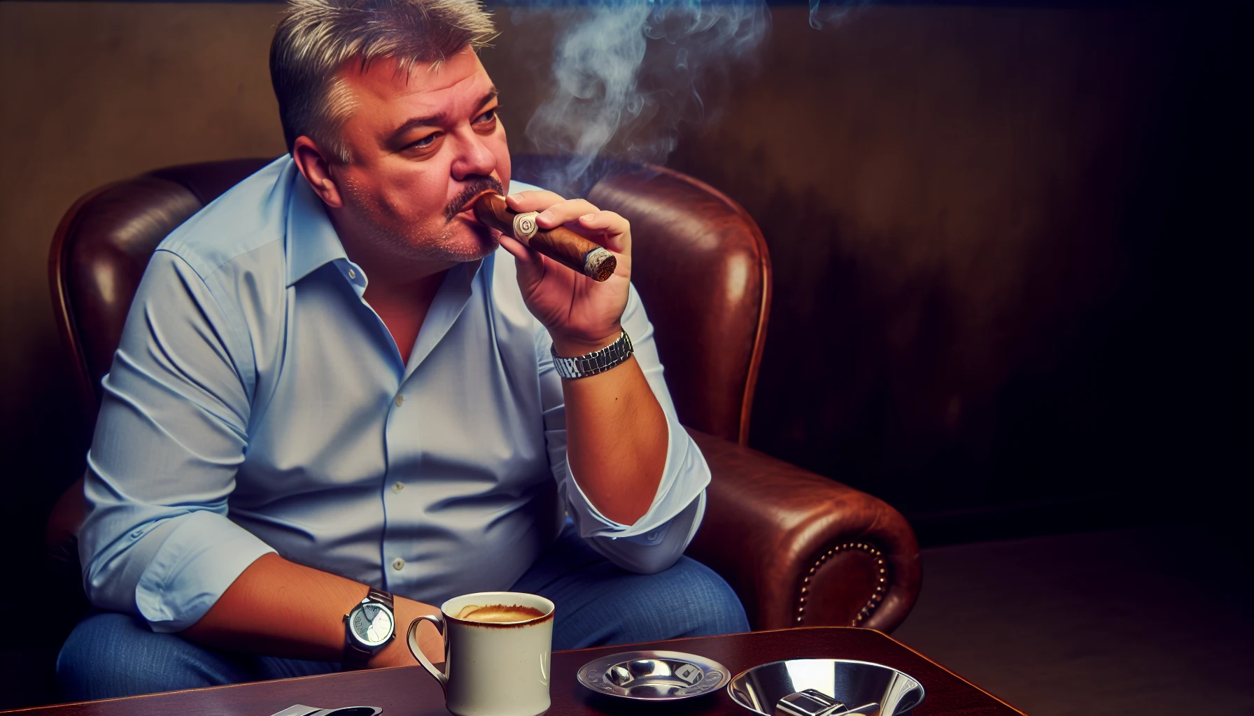 A person enjoying an AJ Fernandez Días de Gloria Short Churchill cigar with a cup of coffee