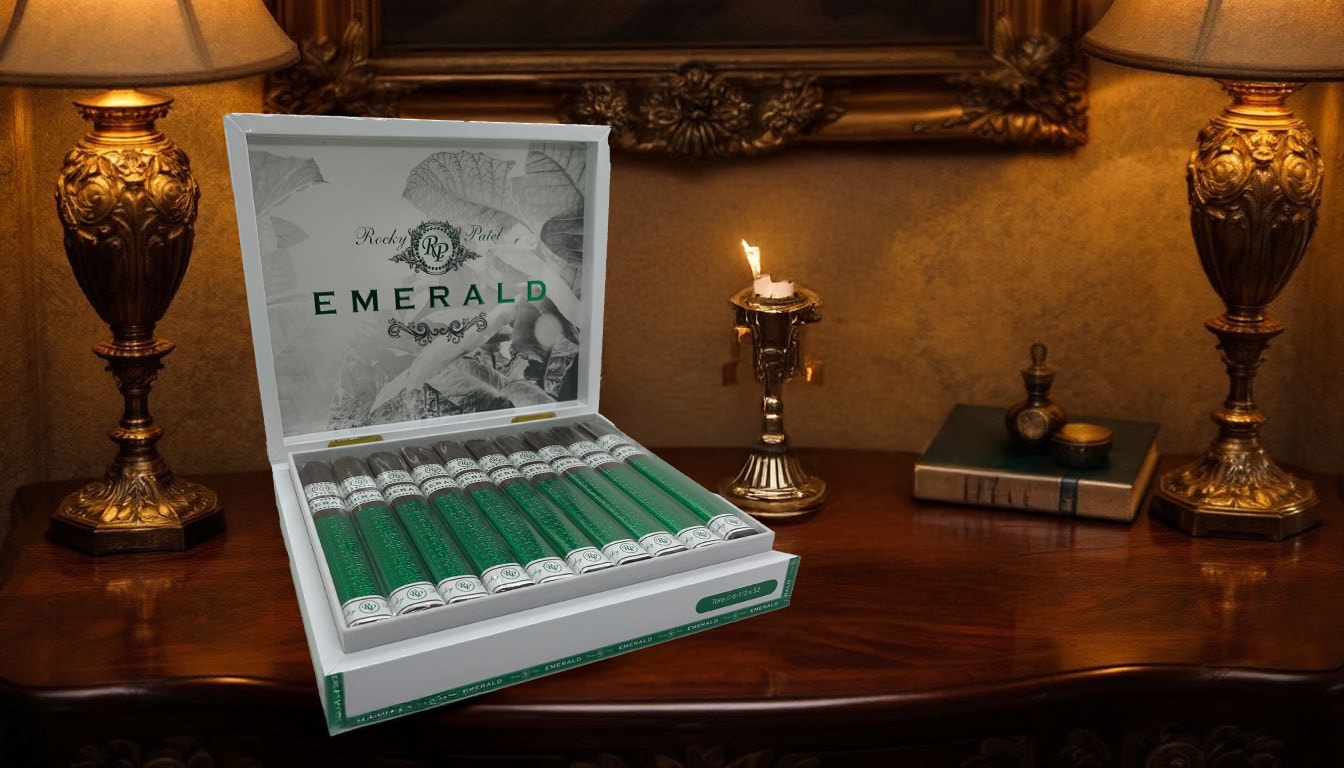 A beautifully arranged display of Rocky Patel Emerald Box Press cigars.