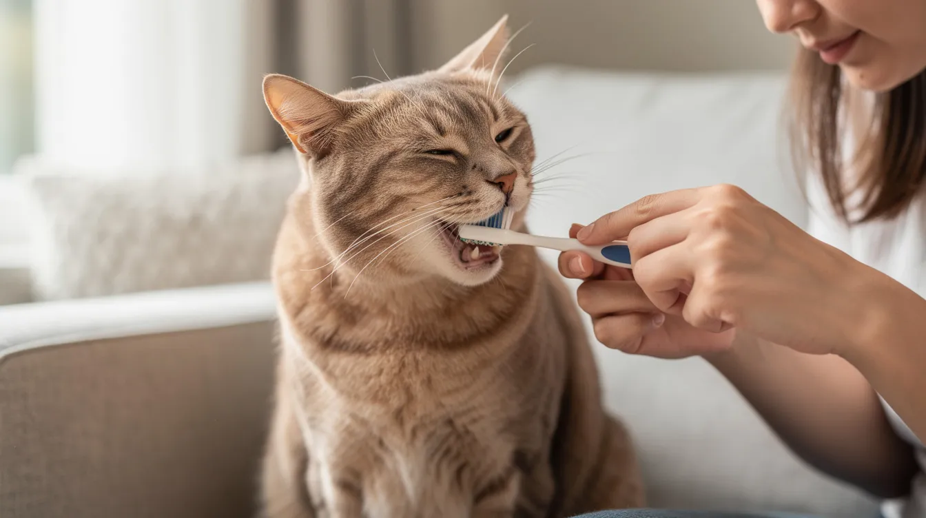 An adult cat is sitting calmly as its owner gently brushes its teeth, promoting the pet's dental hygiene. The cat's adult teeth are visible, highlighting the importance of regular dental care to prevent issues like bad breath and dental disease.