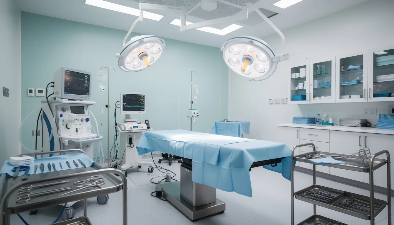 The image depicts a sterile operating room filled with various surgical equipment, including surgical lights, instruments, and monitoring devices, highlighting the environment where medical professionals perform critical medical procedures. This setting is crucial for understanding medical malpractice cases, as errors in such environments can lead to serious injuries and legal claims against healthcare providers.