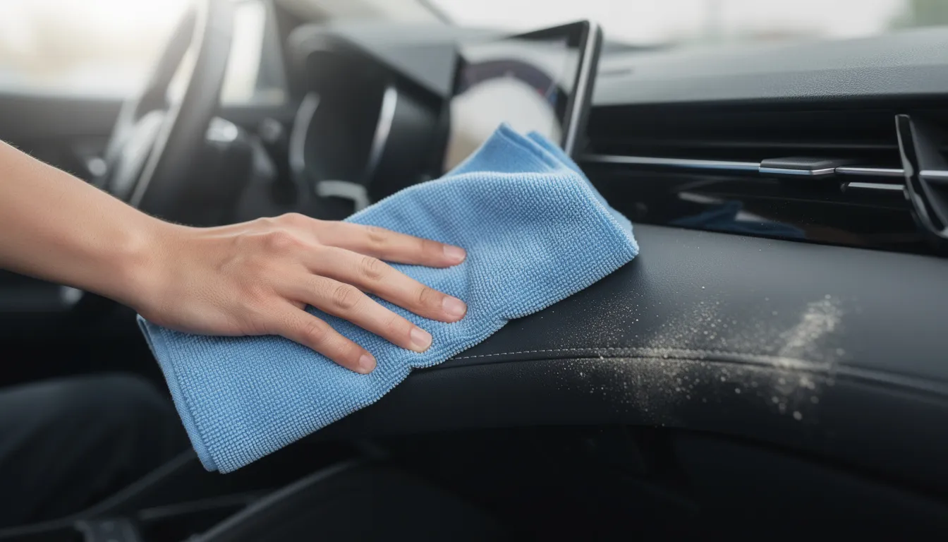 A close-up image shows a hand using a microfiber cloth to wipe down the hard surfaces of a car dashboard, emphasizing the importance of keeping the interior clean to eliminate cigarette smoke odor. This process is essential for maintaining a fresh air environment in the vehicle, especially for smokers' cars.