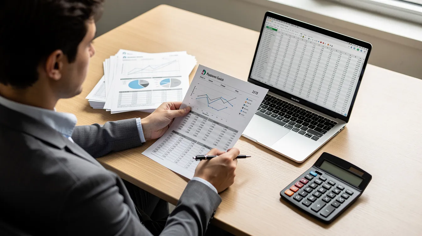 A person is seated at a desk, reviewing financial documents with a laptop open and a calculator nearby, indicating they may be assessing options for a home equity line of credit (HELOC) or a home equity loan. The scene suggests a focus on understanding interest rates, monthly payments, and the overall financial strategy for managing home equity.