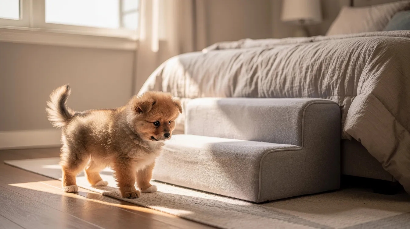 A small puppy stands next to soft foam dog stairs designed to help pets access a tall bed safely. The gentle incline of the dog steps provides good traction, making it easier for tiny dogs or those with hip issues to climb without jumping.