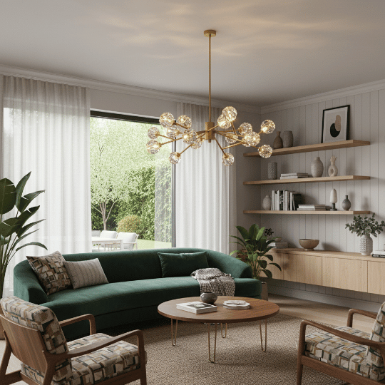 Mid-century modern vintage chandelier with brass arms and textured glass globes, elegant vintage lighting idea for a living room.