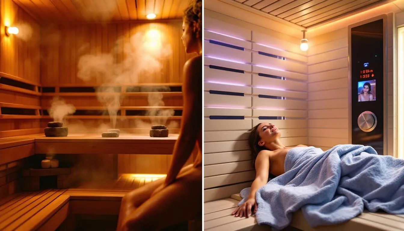 The image compares infrared saunas and traditional saunas, highlighting their benefits for skin health, including improved blood circulation, stimulation of collagen production, and deep pore cleansing. It visually represents how both sauna types can enhance skin hydration and promote a healthy glow, making them valuable additions to a skincare routine.