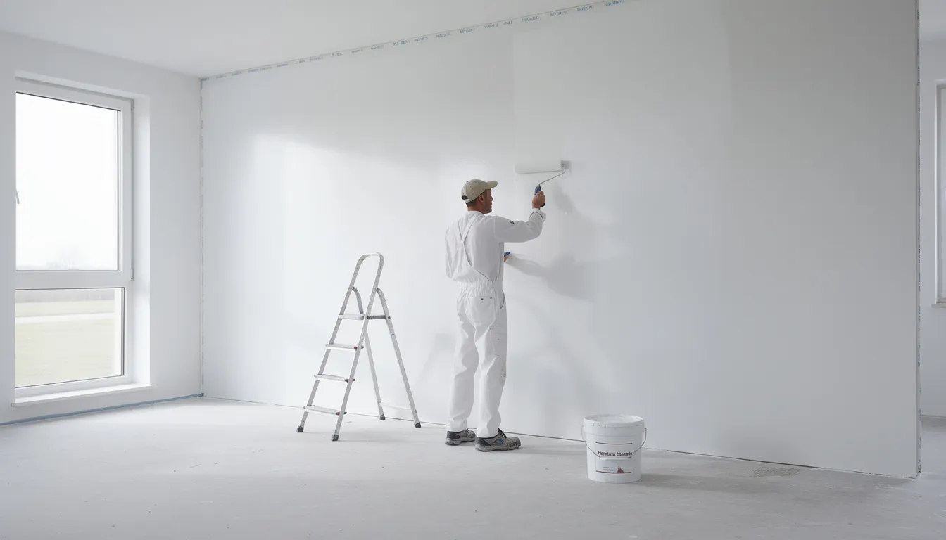 Un peintre professionnel, équipé d'un rouleau, applique une finition sur un mur blanc dans une pièce vide, mettant en avant son savoir-faire en travaux de peinture. Cette scène illustre le métier de peintre décorateur, soulignant l'importance de la qualité et de l'expertise dans la rénovation intérieure.