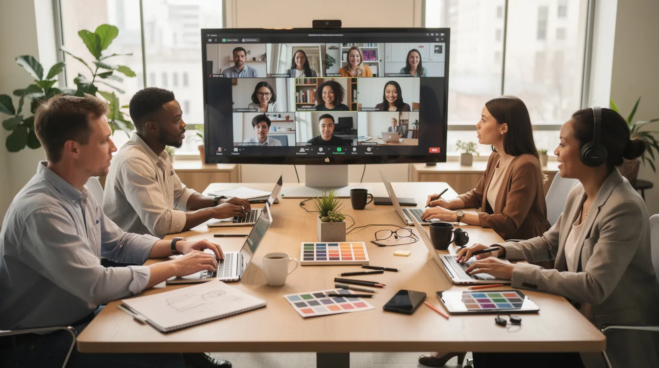 The image shows a diverse team of professionals engaged in a video call, surrounded by laptops and various creative tools on their desks, emphasizing collaboration in digital content creation. This setting highlights the importance of specialized skills and industry knowledge in fields like content marketing and video production.