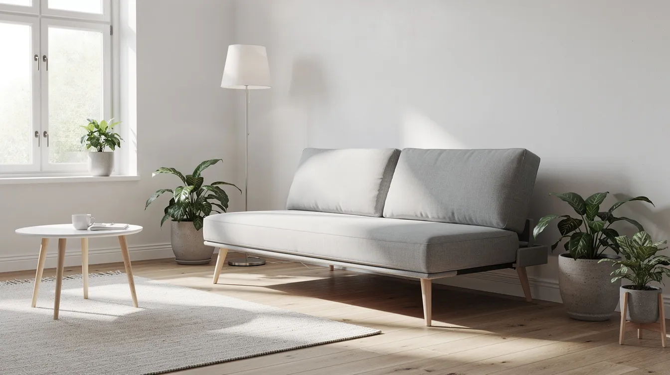 En kompakt bäddsoffa med slanka träben står i ett ljust skandinaviskt vardagsrum, vilket ger en modern och stilren känsla. Soffan fungerar både som sittplats och sovplats, perfekt för gäster som behöver en extra säng på natten.
