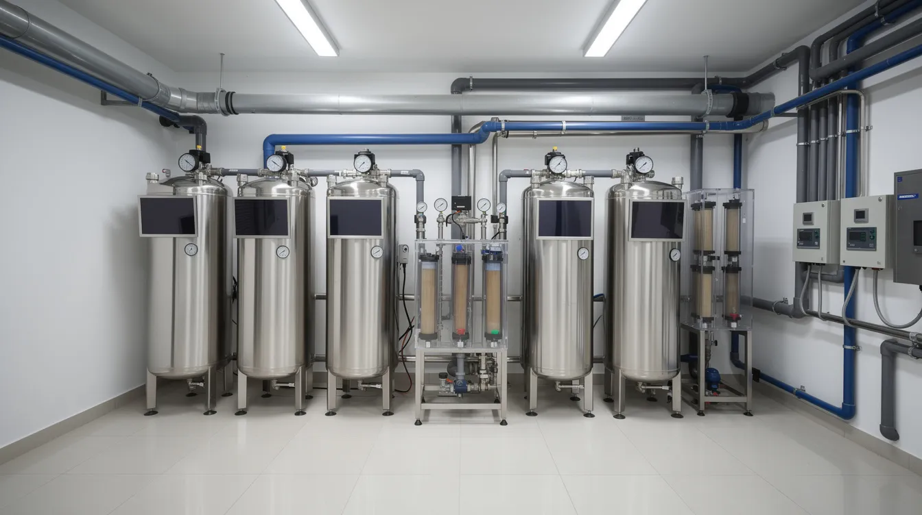 The image depicts a water treatment system designed for hospitals, showcasing various components like reverse osmosis systems and filtration units, all aimed at producing high purity water for healthcare facilities. This setup emphasizes the importance of water quality and patient safety in medical environments, highlighting the system's role in removing contaminants and ensuring clean water for various medical applications.