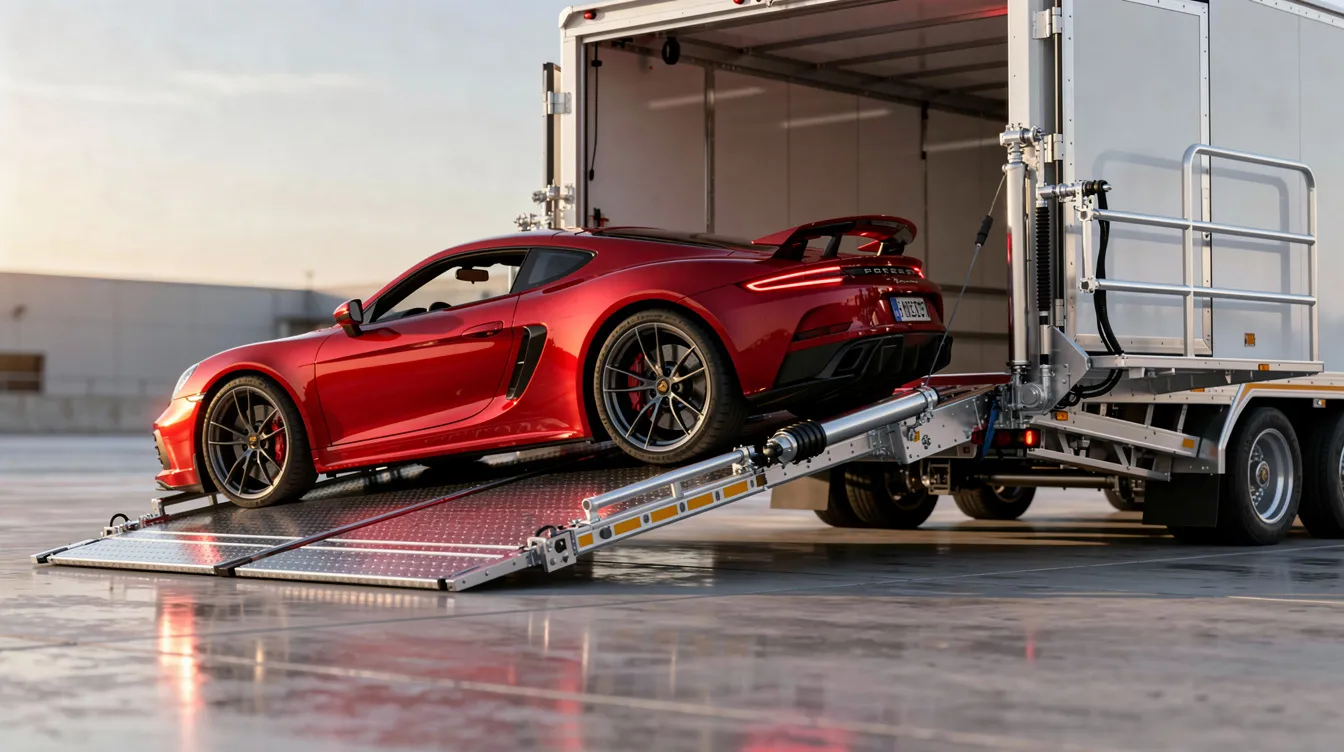 An enclosed trailer with a hydraulic liftgate is positioned to load a luxury sports car, ensuring maximum protection and security during transport. This setup highlights the premium service offered in exotic car transport, providing a stress-free experience for exotic car owners.