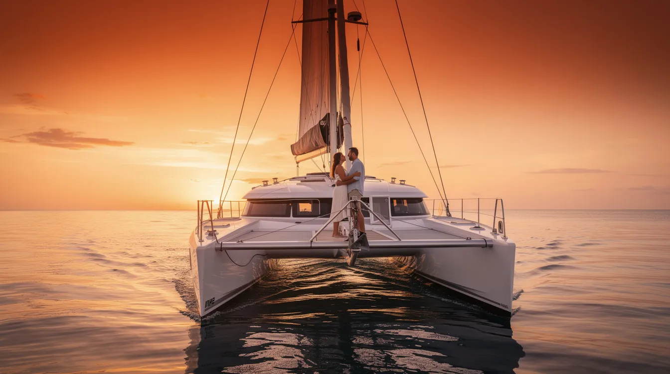 Um casal desfruta de um momento romântico em um catamarã à vela durante o pôr do sol, com um céu laranja vibrante ao fundo. A cena evoca a beleza de destinos de viagem, como a Grécia, e a tranquilidade do mar.