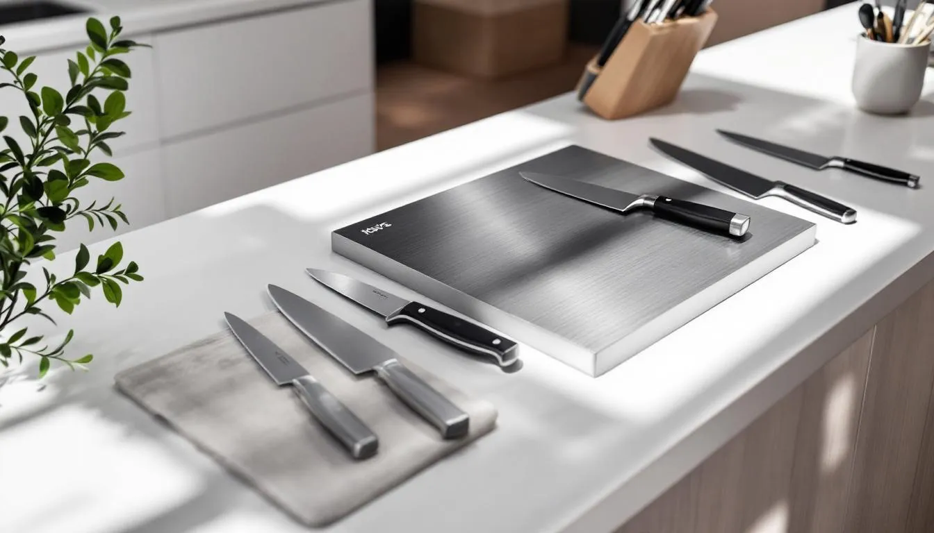 Key features of a titanium cutting board displayed with kitchen knives.