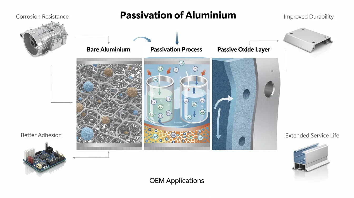 The image depicts the passivation process of aluminum, showcasing a thin surface layer of aluminum oxide that forms a protective oxide layer on the metal surface, enhancing its corrosion resistance. This outer protective layer is crucial for applications in industries like aerospace and marine environments, where environmental corrosion is a primary concern.