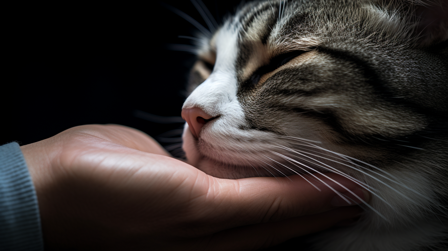 Gray cat with closed eye with human hand petting the cat's neck.