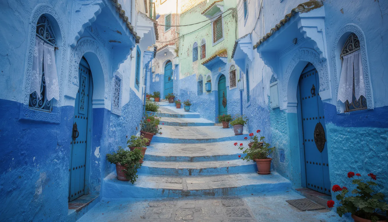 A narrow, blue-painted street in Chefchaouen features traditional wooden doors and windows, showcasing the unique beauty and culture of Morocco. This charming scene invites travelers to explore the vibrant colors and local architecture, offering an unforgettable experience in this picturesque city.