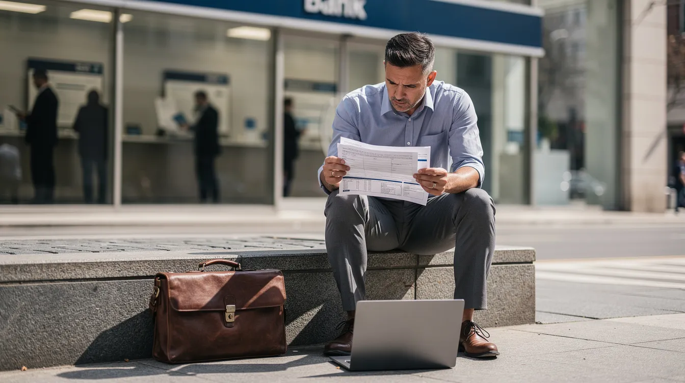 23ba15ec b4e1 4a30 a5c8 adccb6ac0082 A small business owner is sitting outside a bank branch, reviewing papers that likely pertain to a mudra loan application for funding their micro enterprise. The individual appears focused, possibly contemplating the next phase of their business while surrounded by the bank's exterior.