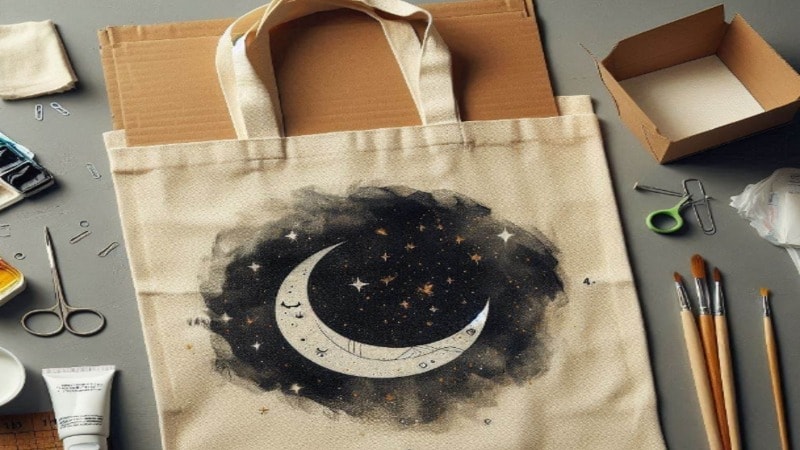 inserting cardboard before painting tote bag