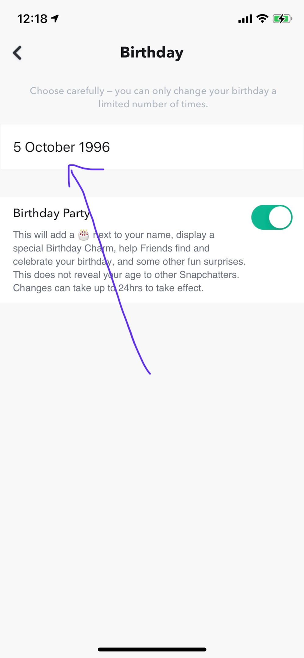 Screenshot of Snapchat birthdays setting