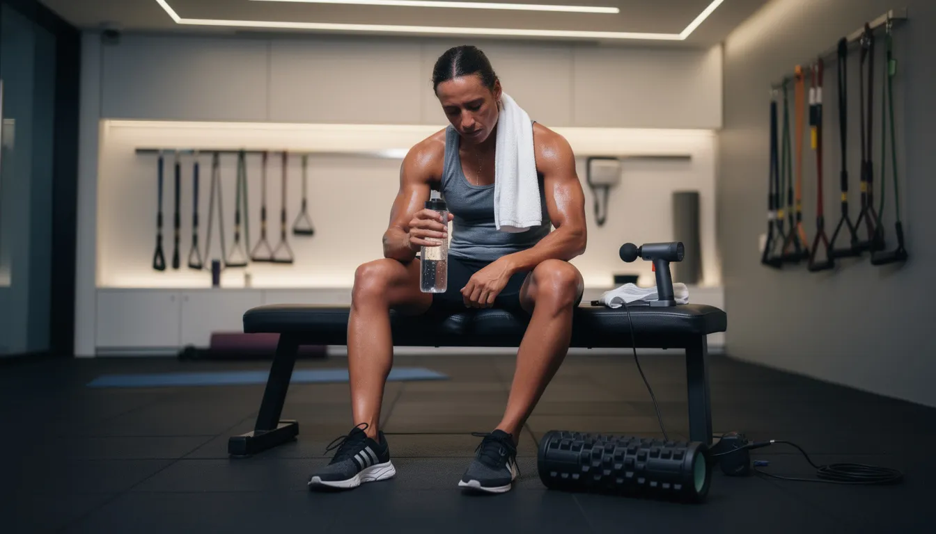 An athletic person is seated in a gym recovery area, visibly relaxed after an intense workout, possibly preparing for contrast therapy sessions that involve alternating hot and cold temperatures to aid muscle recovery and enhance blood flow. The environment is designed to promote healing and alleviate muscle soreness, contributing to the overall benefits of contrast therapy for athletic recovery.