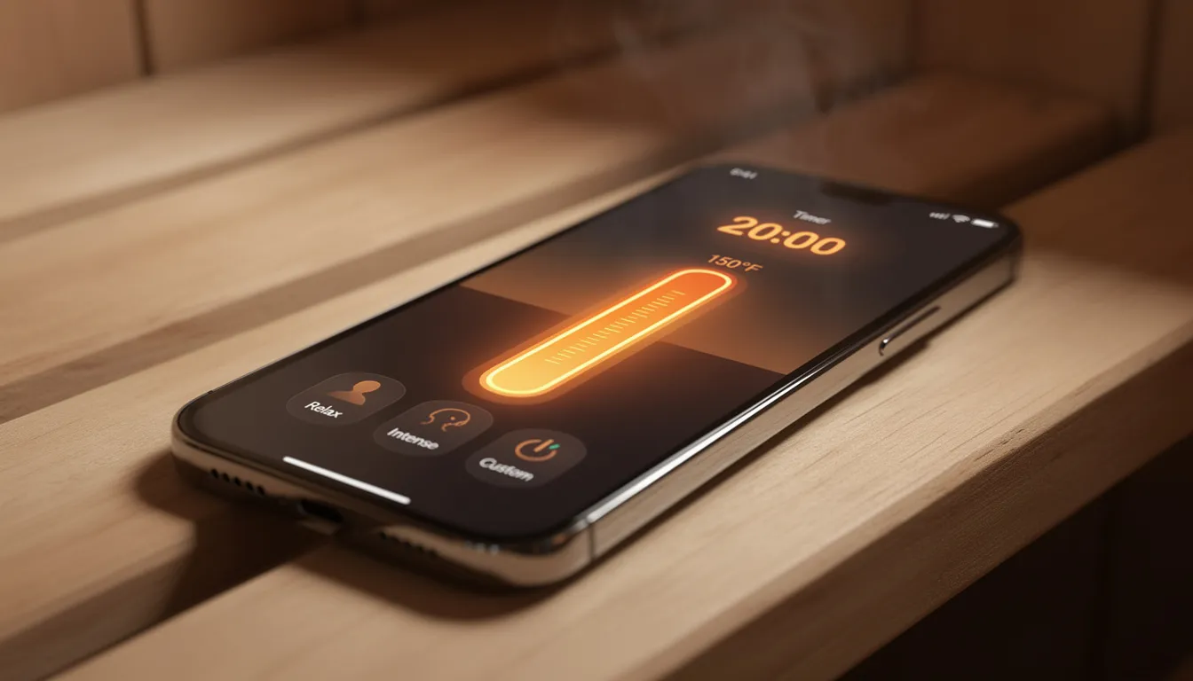 The image displays a smartphone screen featuring a sauna control app, with a temperature slider set to 150°F and a timer indicating 20 minutes. The interface includes profile selection buttons, designed for managing an infrared sauna session remotely, enhancing the wellness journey with energy-efficient heating and therapeutic benefits.