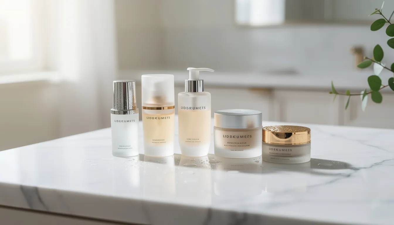 Na marmurowym blacie elegancko ułożone produkty do pielęgnacji skóry, które mogą pomóc w redukcji zmarszczek mimicznych oraz poprawie elastyczności skóry. Wśród nich znajdują się preparaty bazujące na kwasie hialuronowym, które dodatkowo nawilżają skórę i wspierają młodzieńczy wygląd.